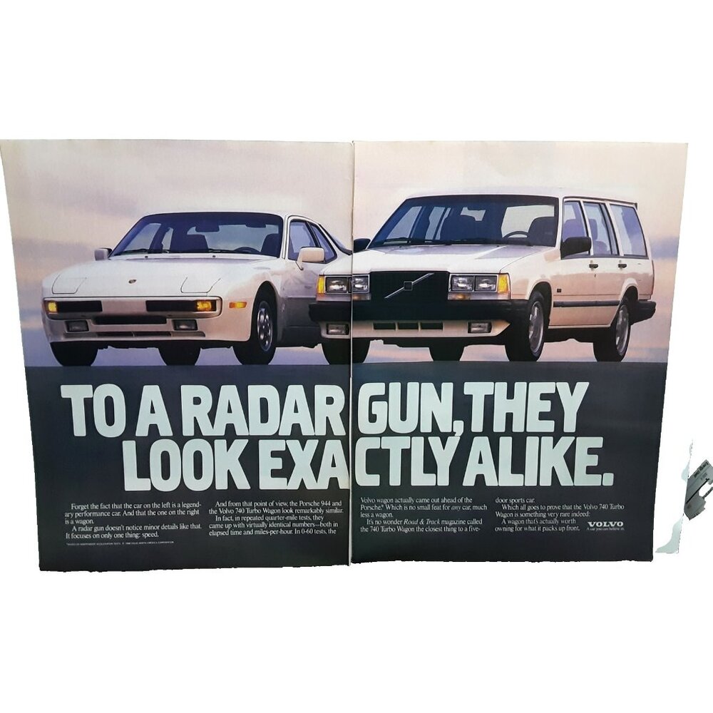 1988 Volvo 740 Turbo Print Ad Porsche 944 Comparison Radar Speed Drag Race